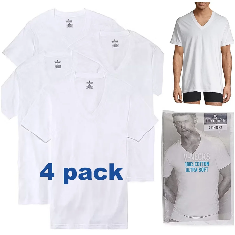 Stafford Super Soft Cotton Mens 4 Pack Short Sleeve V Neck T-Shirt White Medium
